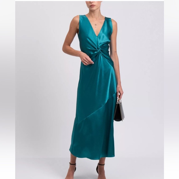 Anthro Pinko $378 Green Satin Twist  Midi Bias Cut Slip Dress Size 38 US 2 XS - Picture 3 of 9